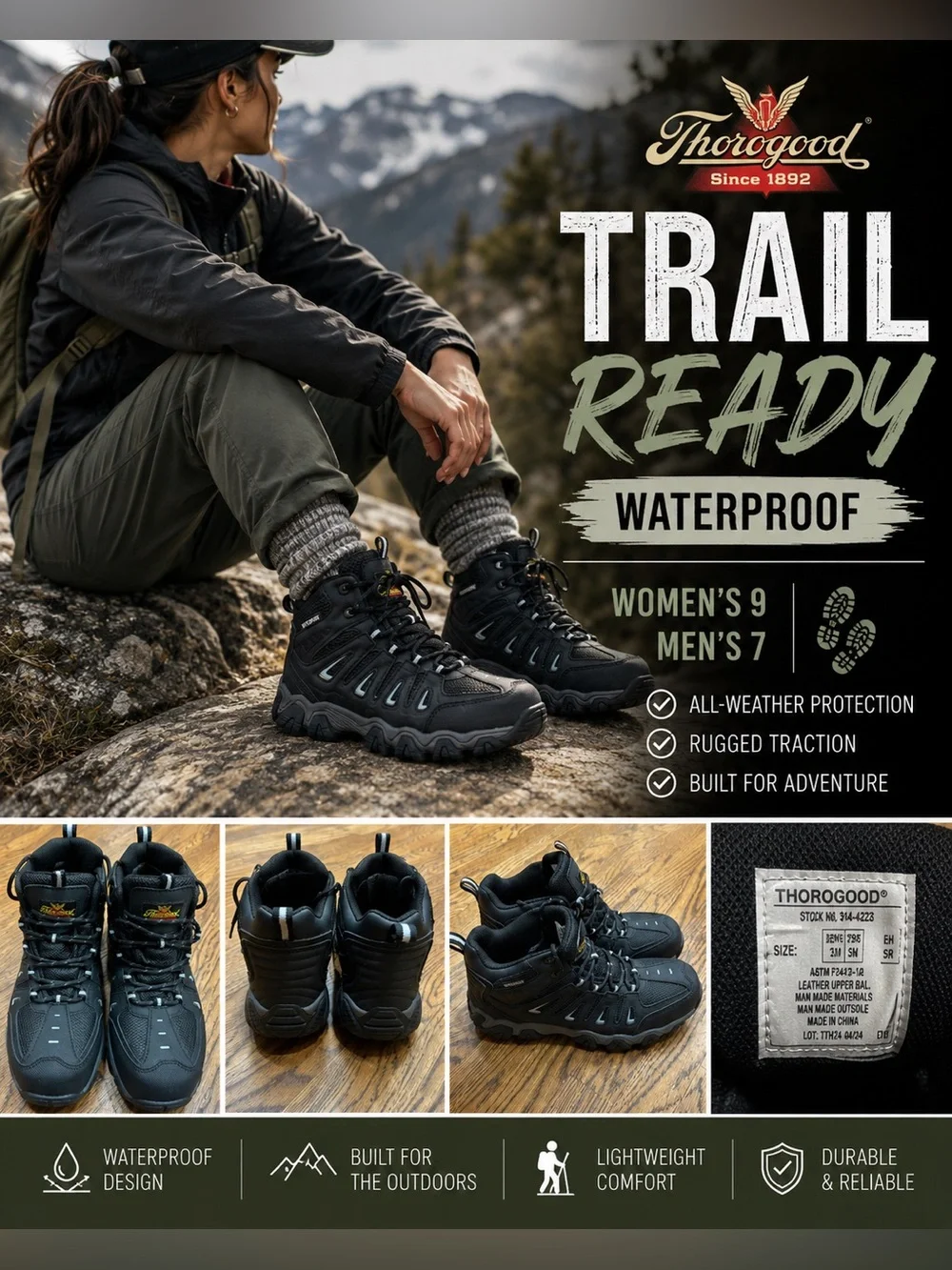 Thorogood Waterproof Hiking Boots Women’s 9 Men’s 7 Black Trail Boots Gorpcore